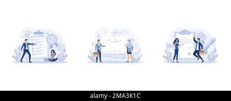 Business people meeting quality control standards and getting international certificate, certification, quality management, industry, legal guarantee, Stock Vector