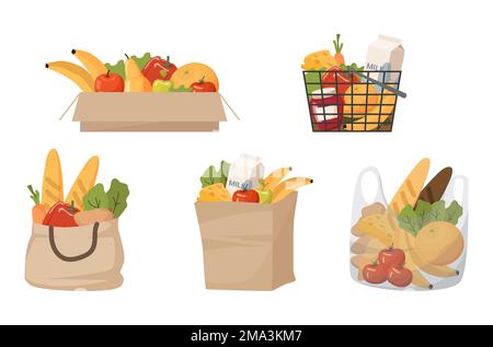 grocery set in packaging vegetables fruits milk and cheese in a paper bag bag basket box and in a transparent bag Stock Vector