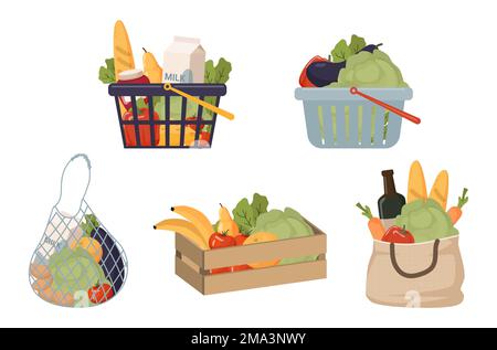 grocery set in baskets, string bag, box and bag Stock Vector