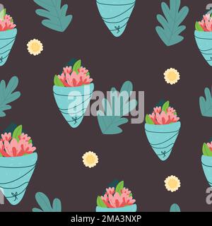 Hand holding or giving blooming bouquet of flowers, spring blossom and flourishing. Florist composition for holiday celebration. Flora in vase, decora Stock Vector