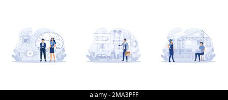 Futuristic factory work scheme. Industrial blockchain in manufacturing, Use artificial intelligence and Internet of things technologies in global prod Stock Vector