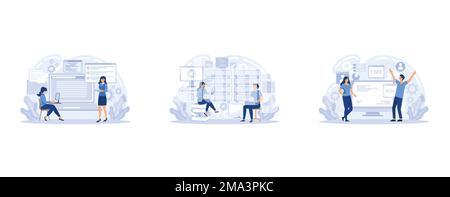 Website architecture concept. PHP and MySql. CMS content management system. Web development. Software testing. Interface design, Graphic elements set, Stock Vector