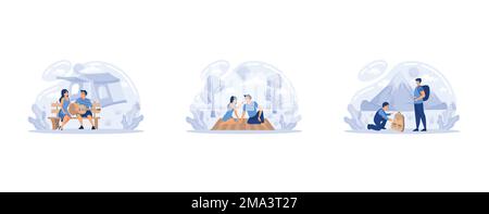 Outdoor leisure activity flat icons set. Backpacking and trekking holiday on nature. Summer camping, summer picnic, summer hiking metaphors, set flat Stock Vector