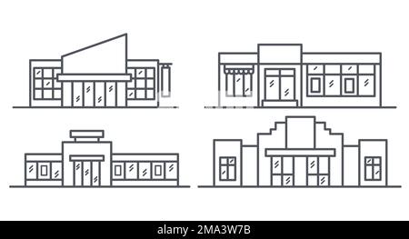 Supermarkets icons set. Mall centre outline illustration. Shop buildings set. Vector Stock Vector