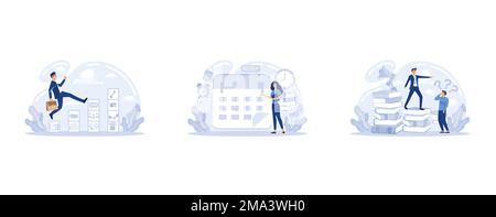 Self control and discipline, life coach abstract icon set. Metaphor growth personality as success stairs. Tiny people that self-improvement, self deve Stock Vector
