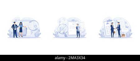 Company principles icons set. Employer and employee contract, labor obligations. Job sharing, nondisclosure agreement, employment agreement, set flat Stock Vector