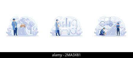 Traffic crime and fraud, road works, fellow traveller, hitchhiking, criminal traffic, construction and repair, speed limit sign, set flat vector moder Stock Vector