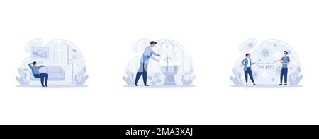 Covid19 outbreak, Stay at home, wash your hands, keep distance, hand sanitizer, self protection, wear mask, distance working, set flat vector modern i Stock Vector