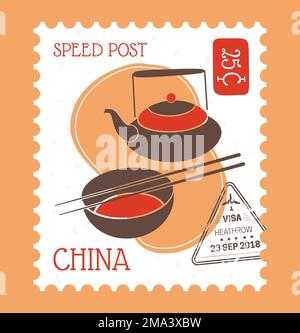 Speed post, China culture, tea ceremony postmark Stock Vector