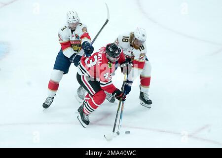 Chicago Blackhawks' Colin Blackwell (43) collides with St. Louis Blues  goaltender Jordan Binnington as Tyler Tucker (75) tries to clear the puck  during the second period of an NHL hockey preseason game