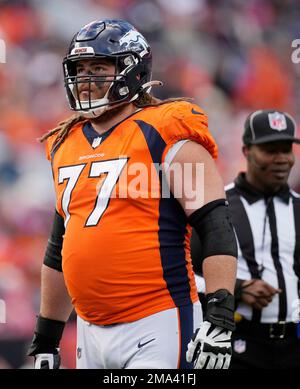 Denver Broncos guard Quinn Meinerz (77) takes part in drills during a  mandatory NFL football minicamp at the Broncos' headquarters Tuesday, June  13, 2023, in Centennial, Colo. (AP Photo/David Zalubowski Stock Photo -  Alamy