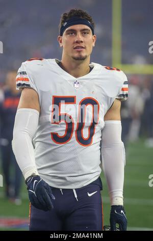 Chicago Bears linebacker Sterling Weatherford plays against the New England  Patriots during the second half of an NFL football game, Monday, Oct. 24,  2022, in Foxborough, Mass. (AP Photo/Michael Dwyer Stock Photo 