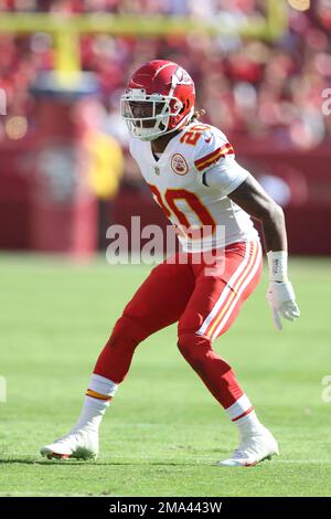 Kansas City Chiefs safety Justin Reid gets set to run during an NFL  football game against the Los Angeles Chargers Sunday, Nov. 20, 2022, in  Inglewood, Calif. (AP Photo/Jae C. Hong Stock