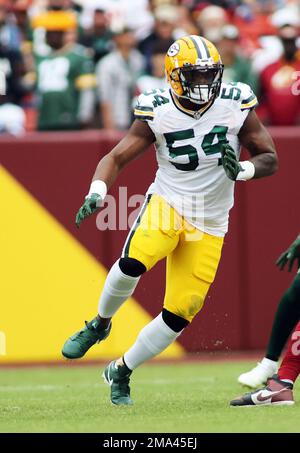 Green Bay Packers linebacker LaDarius Hamilton (54) runs during an NFL  football game against the Washington Commanders, Sunday, October 23, 2022  in Landover. (AP Photo/Daniel Kucin Jr Stock Photo - Alamy