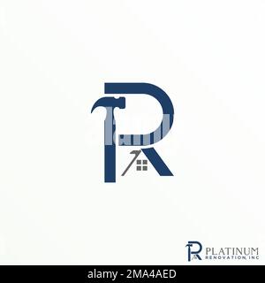 Simple letter or word R sans serif font with roof and hammer graphic icon logo design abstract concept vector stock symbol of renovation or initial. Stock Vector