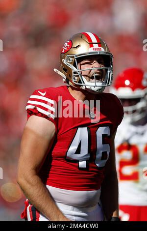 San Francisco 49ers long snapper Taybor Pepper (46) stands on the field  with punter Mitch Wishnowsky (18) before an NFL football game against the  Tampa Bay Buccaneers, Sunday, Dec.11, 2022, in Santa