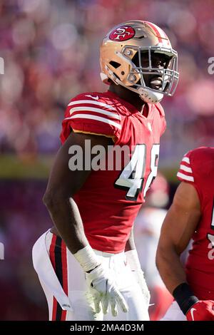 San Francisco 49ers linebacker Oren Burks (48) and linebacker Demetrius  Flannigan-Fowles (45) during an NFL preseason football game against the  Green Bay Packers in Santa Clara, Calif., Friday, Aug. 12, 2022. (AP