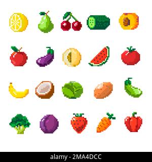 Pixelated fruits and vegetables, veggies vector Stock Vector