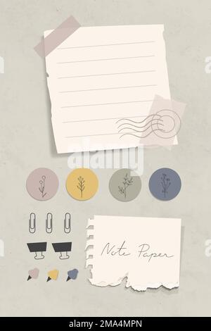 Ripped notepapers with paper clips, binder clips and pins on textured paper background vector Stock Vector