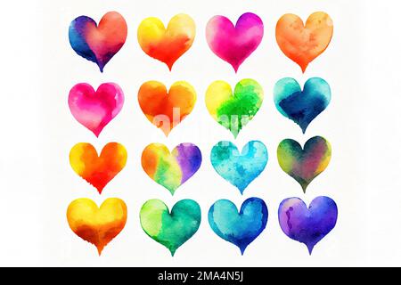 collection of watercolor love hearts in rainbow colors Stock Photo