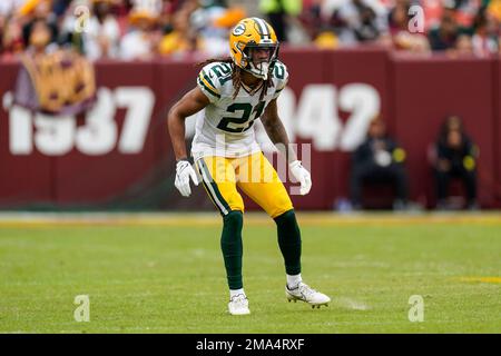 Green Bay Packers cornerback Eric Stokes (21) in action during the second  half of an NFL football game against the Washington Commanders, Sunday,  Oct. 23, 2022, in Landover, Md. (AP Photo/Patrick Semansky