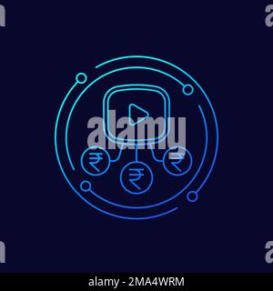 Video monetization line icon with rupee Stock Vector