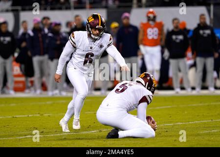 LANDOVER, MD - September 11: Washington Commanders place kicker Joey Slye (6)  warms up prior to the NFL game between the Jacksonville Jaguars and the  Washington Football Team on September 11, 2022