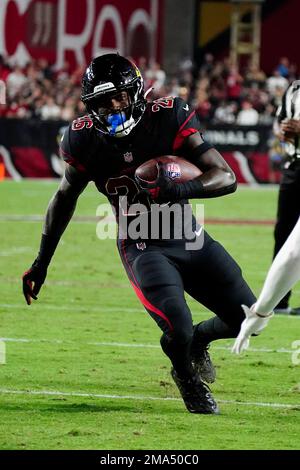 Arizona Cardinals running back Eno Benjamin (26) during the first half of  an NFL football game against the Los Angeles Rams, Sunday, Sept. 25, 2022,  in Glendale, Ariz. (AP Photo/Rick Scuteri Stock