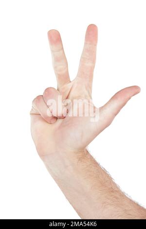 Man, hand or finger counting on isolated white background in mathematic solution, problem solving or sum addition. Zoom, model or person and hand Stock Photo