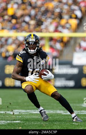 Pittsburgh Steelers wide receiver Diontae Johnson runs against the Tampa  Bay Buccaneers during an NFL football game at Acrisure Stadium, Sunday, Oct.  16, 2022 in Pittsburgh. (Winslow Townson/AP Images for Panini Stock