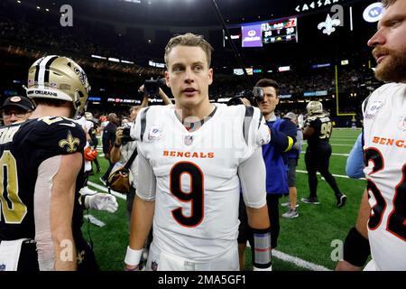 Cincinnati Bengals quarterback Joe Burrow (9) after an NFL football game  against the New Orleans Saints, Sunday, Oct. 16, 2022, in New Orleans. (AP  Photo/Tyler Kaufman Stock Photo - Alamy