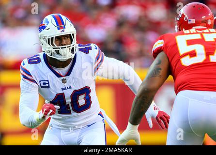 KANSAS CITY, MO - OCTOBER 16: Buffalo Bills linebacker Von Miller (40)  celebrates a defensive stop during the game between the Kansas City Chiefs  and the Buffalo Bills on Sunday October 16