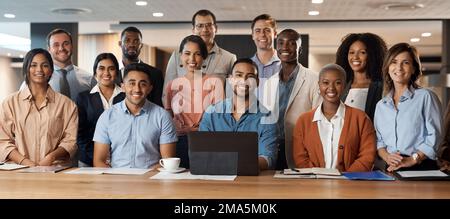 A big team with big dreams. a group of young businesspeople using a laptop at a conference in a modern office. Stock Photo