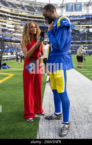 NFL Network reporter Kayla Burton interviews Arizona Cardinals wide  receiver Rondale Moore after an NFL football game against the Los Angeles  Rams Sunday, Nov. 13, 2022, in Inglewood, Calif. (AP Photo/Mark J.