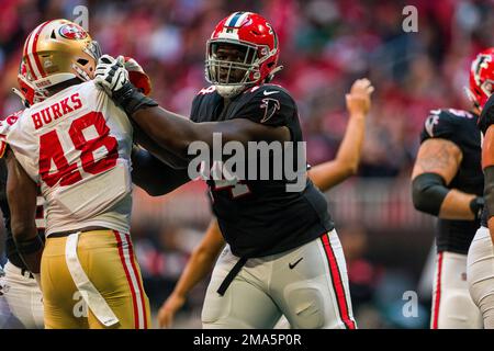 Atlanta Falcons guard Germain Ifedi (74) watches before a preseason NFL  football game against the Detroit Lions in Detroit, Friday, Aug. 12, 2022.  (AP Photo/Paul Sancya Stock Photo - Alamy