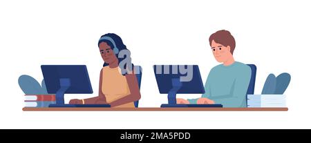 Young employees working side by side semi flat color vector characters Stock Vector