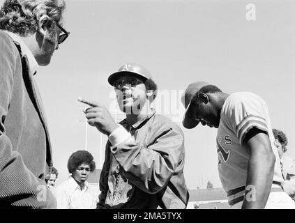 Oakland Athletics' player Reggie Jackson is shown with fans in front of the  dugout at the Oakland Coliseum, Sept. 1969. (AP Photo Stock Photo - Alamy