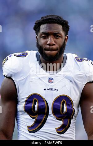 Baltimore Ravens linebacker Odafe Oweh (99) in action during the third  quarter an NFL preseason football game against the New Orleans Saints  Saturday, Aug. 14, 2021, in Baltimore. (AP Photo/Terrance Williams Stock