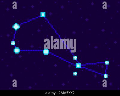 Piscis Austrinus constellation in pixel art style. 8-bit stars in the night sky in retro video game style. Cluster of stars and galaxies. Design for a Stock Vector