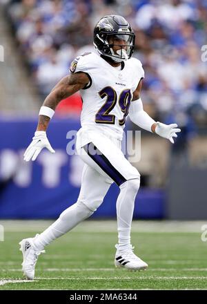 Baltimore Ravens safety Ar'Darius Washington (29) walks off the