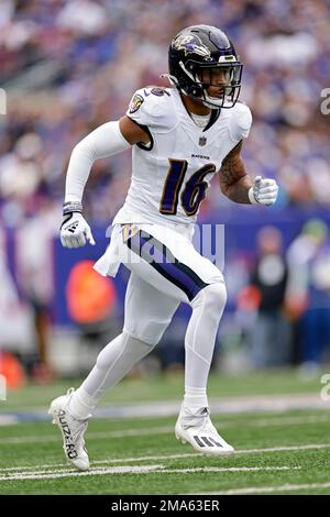 Baltimore Ravens wide receiver Tylan Wallace (16) runs against the New York  Giants during an NFL football game Sunday, Oct. 16, 2022, in East  Rutherford, N.J. (AP Photo/Adam Hunger Stock Photo - Alamy