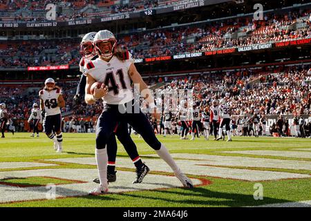 New England Patriots safety Brenden Schooler (41) looks to the