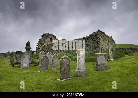 The derelict church and graveyard of St Olaf's Kirk, Lund, Unst ...
