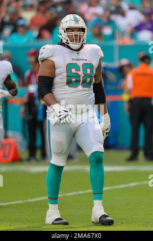 Miami Dolphins offensive tackle Robert Hunt (68) walks to the huddle during  a NFL football game against the Minnesota Vikings, Sunday, Oct.16, 2022 in  Miami Gardens, Fla. (AP Photo/Alex Menendez Stock Photo - Alamy