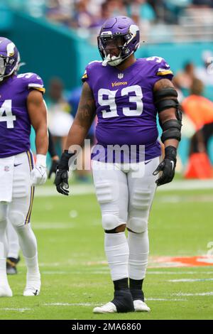 Minnesota Vikings defensive end Jonathan Bullard (93) in action during the  first half of an NFL football game against the Chicago Bears, Sunday, Oct.  9, 2022 in Minneapolis. (AP Photo/Stacy Bengs Stock