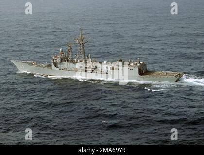 Port side view of the US Navy (USN) Oliver Hazard Perry Class Frigate USS HAWES (FFG 53) underway while participating in Operation INSPIRED SIREN. INSPIRED SIREN is a bilateral joint exercise between the United States and Pakistan Navies. The US and Pakistan are conducting training in Maritime Security Operations (MSO), air defense, anti- submarine warfare, surface warfare, mine counter measures, electronic warfare, replenishment at sea and command and control. Port side view of the US Navy (USN) Oliver Hazard Perry Class Frigate USS HAWES (FFG 53) underway while participating in Operation INS Stock Photo