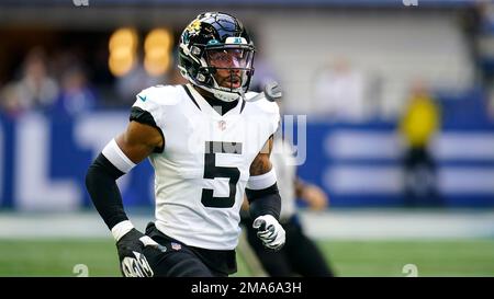 Jacksonville Jaguars safety Andre Cisco (5) plays during an NFL football  game against the Indianapolis Colts in Indianapolis, Sunday, Oct. 16, 2022.  (AP Photo/Michael Conroy Stock Photo - Alamy