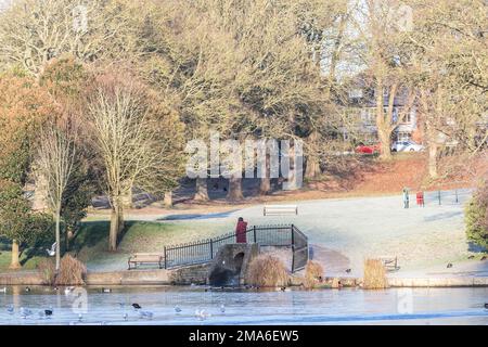 Northampton, UK. 19th January 2023. A crisp clear morning with a heavy frost in Abington Park for people out getting in there exercise. Credit: Keith J Smith./Alamy Live News Stock Photo