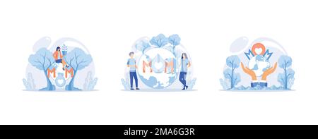 International Mother Earth Day, Environmental problems and ecological protection. Universal symbolic holiday of love, care common home, set flat vecto Stock Vector
