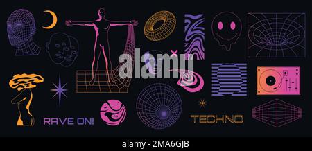 Rave set. Psychedelic acid trippy geometric shapes with glitch stickers, retrofuturistic surreal distortion elements crazy 80s 90s style. Vector Stock Vector